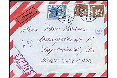 80 øre Dansk Fredning og 1 kr. Rigsvåben i parstykke på ekspres luftpostbrev fra Brøndby d. 7.2.1967 via München til Ingolstadt, Tyskland.