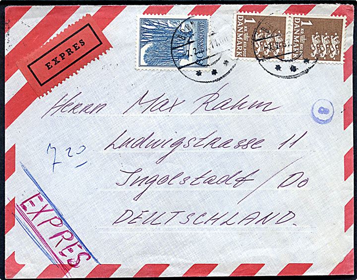 80 øre Dansk Fredning og 1 kr. Rigsvåben i parstykke på ekspres luftpostbrev fra Brøndby d. 7.2.1967 via München til Ingolstadt, Tyskland.