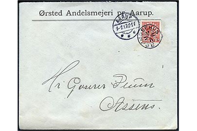 10 øre Chr. X på brev fra Ørsted Andelsmejeri pr. Aarup annulleret med stjernestempel RØRMOSEHUS og sidestemplet Aarup d. 3.2.1917 til Assens.
