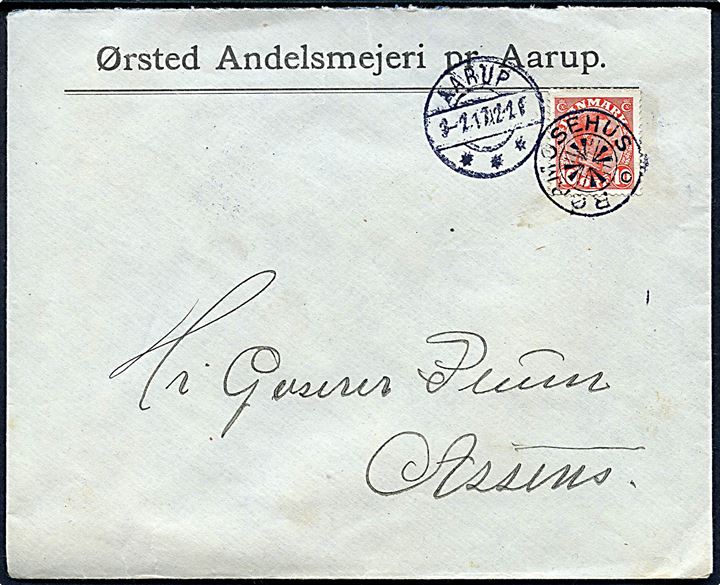 10 øre Chr. X på brev fra Ørsted Andelsmejeri pr. Aarup annulleret med stjernestempel RØRMOSEHUS og sidestemplet Aarup d. 3.2.1917 til Assens.