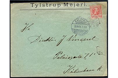 10 øre Chr. IX på fortrykt kuvert fra Tylstrup Mejeri annulleret med stjernestempel TYLSTRUP og sidestemplet bureau Aalborg - Frederikshavn T.968 d. 22.10.1906 til København.