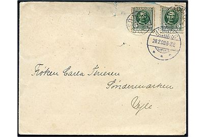 5 øre Fr. VIII (2) på brev annulleret med sjældent stjernestempel ØSTER HØGILD og sidestemplet Herning d. 28.2.1908 til Vejle. Stemplet kendes kun anvendt i perioden 23.12.1907 til 4.9.1908.