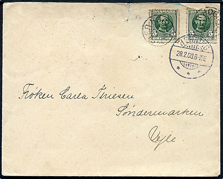5 øre Fr. VIII (2) på brev annulleret med sjældent stjernestempel ØSTER HØGILD og sidestemplet Herning d. 28.2.1908 til Vejle. Stemplet kendes kun anvendt i perioden 23.12.1907 til 4.9.1908.