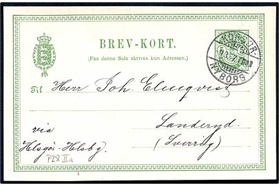 5 øre Våben helsagsbrevkort fra Nyborg annulleret med sejlende bureaustempel Korsør - Nyborg T. (uden nr.) d. 9.3.1897 til Landeryd, Sverige. Påskrevet via Helsgør-Helsbg.