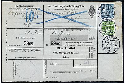 5 øre Bølgelinie og 25 øre Karavel på retur Indkasserings-Indbetalingskort fra Nibe d. 1.12.1934 til Vægger.