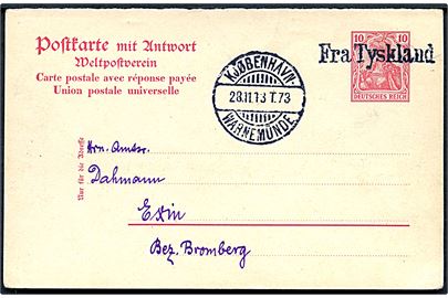 10 pfg. Germania spørgedel af dobbelt helsagsbrevkort annulleret med skibsstempel Fra Tyskland og sidestemplet Kjøbenhavn - Warnemünde T.73 d. 28.11.1913 til Exin, Bromberg, Tyskland. Uden meddelelse på bagsiden.