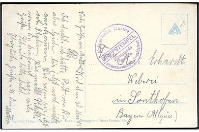 Ufrankeret feltpostkort dateret Kiel d. 30.5.1915 til Sonthofen. Briefstempel: Kaiserlische Marine Kommando des Hilfs-streuminendampfers Prinz Adalbert - tidligere postdamper på ruten Korsør-Kiel.