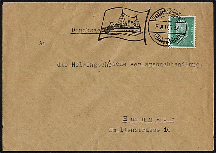 5 pfg. Hindenburg på tryksag annulleret med skibsstempel Deutsche Seepost Trälleborg - Sassnitz F.A. d. 17.7.1932 til Hannover.
