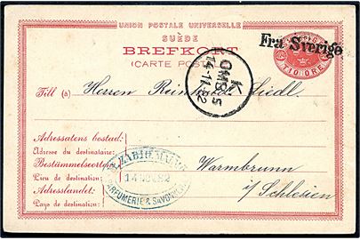 10 öre helsagsbrevkort fra Malmö annulleret med skibsstempel Fra Sverige og sidestemplet K. OMB. 5 d. 14.11.1882 til Warmbrunn, Tyskland.
