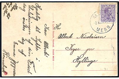 15 øre Chr. X på brevkort (Gisselfeld) annulleret med bureaustempel Næstved - Mern T.5 d. 9.8.1920 til Hyllinge.