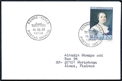 2,10 kr. H. Ch. Nordenflycht på brev annulleret med skibsstempel Rönne - Ystad Postad Ombord d. 16.10.1987 til Mariehamn, Åland.