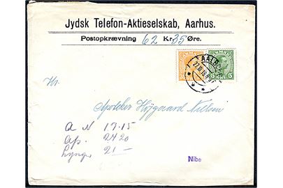 5 øre og 35 øre Chr. X på brev fra Jydsk Telefon Aktieselskab med postopkrævning fra Aalborg d. 27.10.1918 til Nibe.