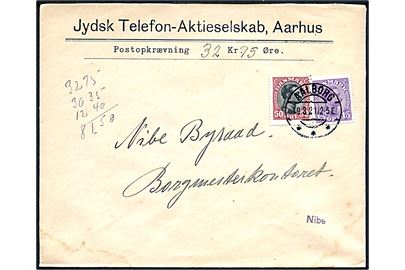 15 øre og 50 øre Chr. X på brev fra Jydsk Telefon Aktieselskab med postopkrævning fra Aalborg d. 19.3.1921 til Nibe.