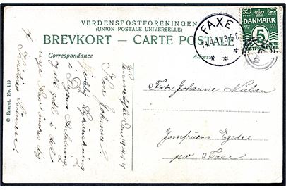5 øre Bølgelinie på brevkort annulleret med Esrom-type stempel VTOFTE og sidestemplet brotype IIIb Faxe d. 14.4.1914 til Jomfruens Egede pr. Faxe.