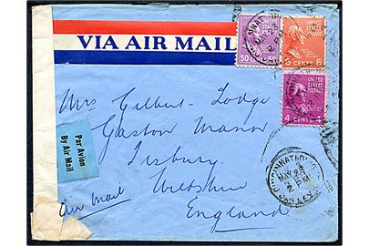 4 cents, 6 cents og 50 cents på luftpostbrev fra Cincinnati d. 23.5.1943 til England. Åbnet af amerikansk censur no. 6875 med tilføjet håndskrevet censur-no. 6812.
