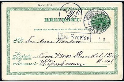 5 öre helsagsbrevkort fra Helsingborg annulleret med bureau Kjøbenhavn - Helsingør T.16 d. 23.12.1897 og sidestemplet Fra Sverige til Kjøbenhavn, Danmark.