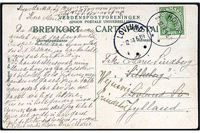 5 øre Chr. X på brevkort annulleret med brotype IIIb Høng d. 2.12.1914 til Løvlund St., Jylland. - eftersendt til Hejnsvig pr. Grindsted med brotype IIIb Løvlund d. x.12.1914.