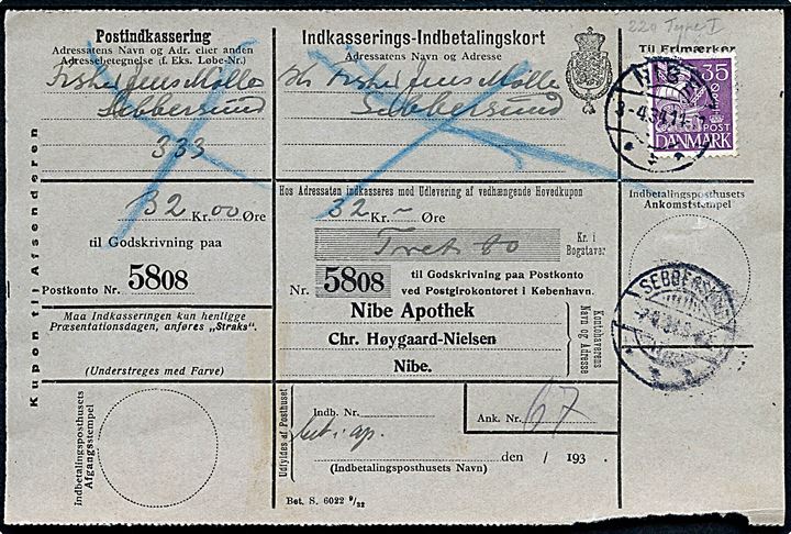 35 øre Karavel single på retur Indkasserings-Indbetalingskort fra Nibe d. 3.4.1934 til Sebbersund.