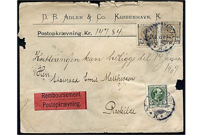 5 øre og 25 øre (2) Chr. IX på brev med postopkrævning fra Kjøbenhavn d. 15.11.1906 til Roskilde. Kuvert noget medtaget.