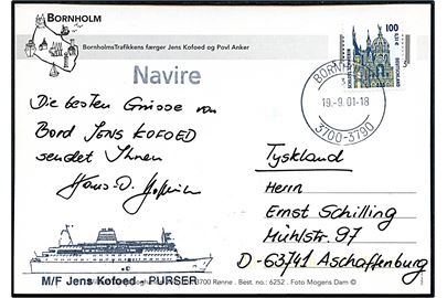 Tysk 100 pfg. på brevkort (M/F Jens Kofoed) annulleret med brotype stempel Bornholm 3700-3790 d. 19.9.2001 og sidestemplet Navire til Aschaffenburg, Tyskland. Privat skibsstempel: M/F Jens Kofoed - Purser.