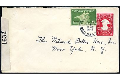 2 c. helsagskuvert opfrankeret med 4 c. fra Isabela Occ. Negros d. 1.11.1941 til New York. Åbnet af amerikansk censur no. 1632.