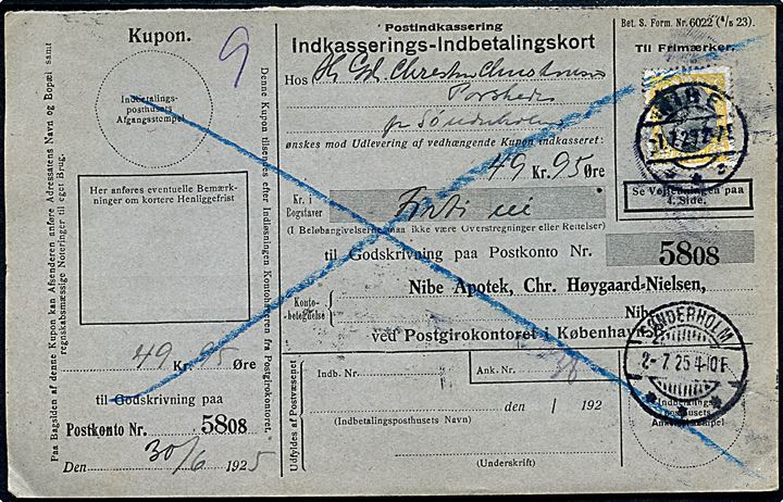 35 øre Chr. X single på retur Indkasserings-Indbetalingskort fra Nibe d. 1.7.1925 til Sønderholm.
