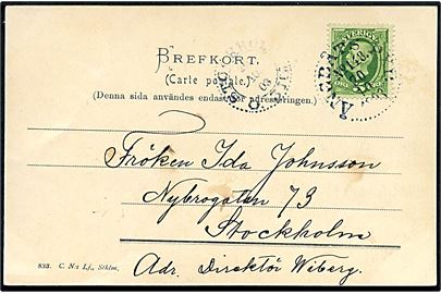 5 öre Oscar på brevkort dateret Harö annulleret med dampskibsstempel Ångbåts PXP No. 148 (= Stockholm-Sollenkroka-Möja) d. 20.10.1903 til Stockholm. Stempel benyttet ombord på S/S Skärgården.