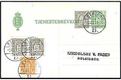 5+3 øre provisorisk Tjenestebrevkort opfrankeret med 1 øre og 3 øre (par) Tjenestemærke annulleret med brotype Vb Struer B. d. 5.12.1923 til Holstebro. 