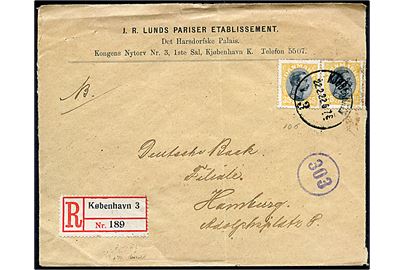 35 øre Chr. X i parstykke på anbefalet brev fra Kjøbenhavn d. 22.2.1922 til Hamburg, Tyskland.