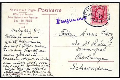 10 öre Oscar II på brevkort (Dampskib i Sassnitz) annulleret med tysk bureaustempel Berlin - Sassnitz Bahnpost Zug 18 d. 22.3.1911 og sidestemplet Paquebot til Borlänge, Sverige.