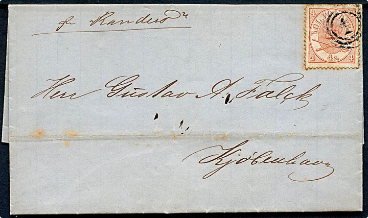 4 sk. Krone/Scepter på dampskibsbrev med indhold dateret Grenaa d. 7.5.1866 påskrevet pr. Randers annulleret 1 og på bagsiden ank.stemplet antiqua Kiøbenhavn KB d. 8.5.1866 til Kjøbenhavn.