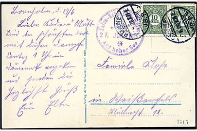 10 øre Frimærkejubilæum (par) på brevkort (Salonschnelldampfer Odin) stemplet Rønne JB.P.E. d. 27.6.1926 og sidestemplet Salon-Schnelldampfer Odin Auf hoher See til Tyskland.