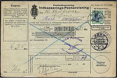 30 øre Chr. X single på retur Indkasserings-Postanvisning fra Nibe d. 4.10.1920 til Vægger - eftersendt til Aars.