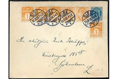 4 øre Tofarvet vm. III, 1 øre Våben (2) og 1 øre Bølgelinie (4) på brev fra Ribe d. 26.3.1906 til København.