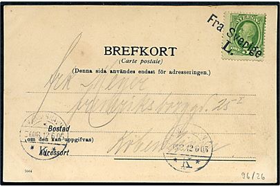 5 öre Oscar II på brevkort (Kullen) annulleret med skibsstempel Fra Sverige L. og sidestemplet Kjøbenhavn d. 12.6.1905 til København, Danmark.