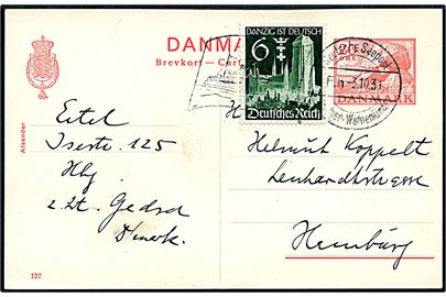 20 øre helsagsbrevkort (fabr. 127) opfrankeret med tysk 6 pfg. Danzig ist Deutsch udg. annulleret med tysk skibsstempel Deutsche Seepost Gjedser - Warnemünde F.h. d. 3.10.1939 til Hamburg.