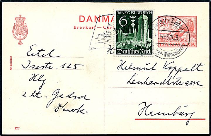 20 øre helsagsbrevkort (fabr. 127) opfrankeret med tysk 6 pfg. Danzig ist Deutsch udg. annulleret med tysk skibsstempel Deutsche Seepost Gjedser - Warnemünde F.h. d. 3.10.1939 til Hamburg.