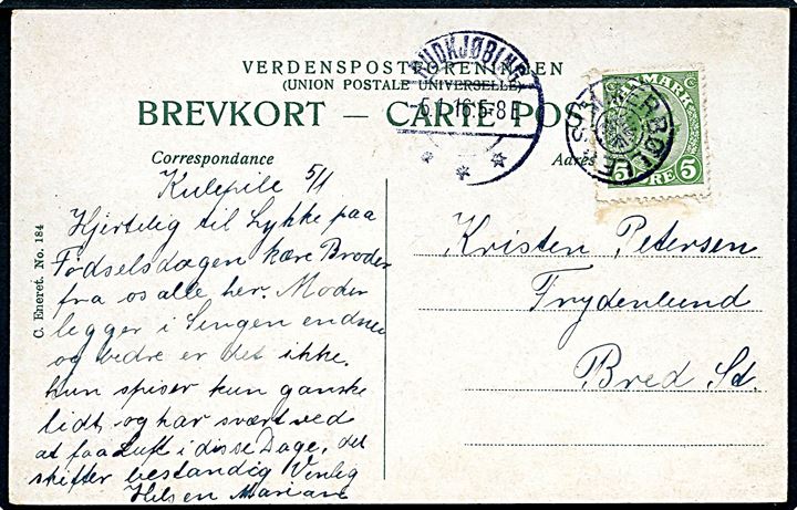 5 øre Chr. X på brevkort annulleret med stjernestempel SIMMERBØLLE (type II) og sidestemplet Rudkjøbing d. 5.1.1916 til Bred.