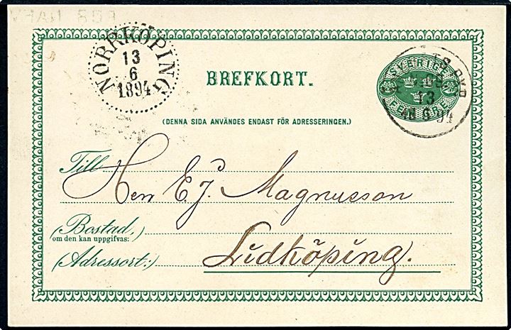5 öre helsasgsbrevkort fra Näfveqvarn (Nävekvarn) annulleret med dampskibsstempel Ångbåts PXP no. 69 d. 13.6.1894 til Lidköping. Stemplet benyttet ombord på S/S Bråviken på ruten Norrköping - Nävekvarn.
