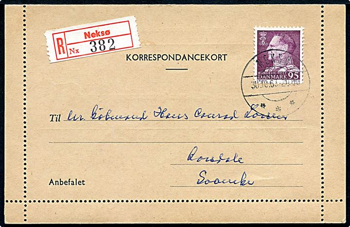 95 øre Fr. IX single på privat korrespondancekort fra Dommeren i Neksø sendt anbefalet fra Neksø d. 30.10.1963 til Svaneke. Smuk forsendelse.