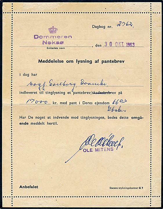 95 øre Fr. IX single på privat korrespondancekort fra Dommeren i Neksø sendt anbefalet fra Neksø d. 30.10.1963 til Svaneke. Smuk forsendelse.
