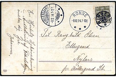 3 øre Bølgelinie på lokalt brevkort annulleret med stjernestempel RINGEBY og sidestemplet Rønne d. 8.12.1914 til Nylars pr. Køllergaard St. Ank.stemplet med brotype Ia Kjøllergaard d. 9.12.1914.