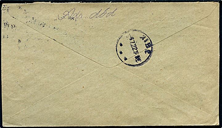 4 øre og 8 øre (par) Bølgelinie på fortrykt kuvert fra Nibe Apotek stemplet Nibe d. 3.7.1922 til Ø. Hornum pr. Støvring. Returneret med påskrift: Adr. død.