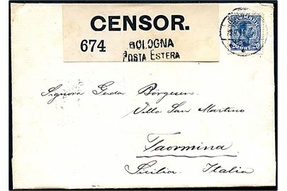 20 øre Chr. X på brev fra Hornbæk d. 18.7.1915 til Taormina, Italien. Åbnet af britisk censur no. 674 og passér stemplet ved den italienske censur i Bologna. Ank. d. 31.7.1915.
