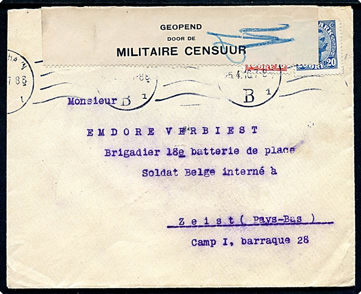 10 øre og 20 øre Chr. X på 2. vægtkl. brev fra Kjøbenhavn d. 25.4.1916 til interneret belgisk soldat i Zeist, Holland. Åbnet af hollandsk militær censur og ank.stemplet Legerplaats bij Zeist d. 29.4.1916.