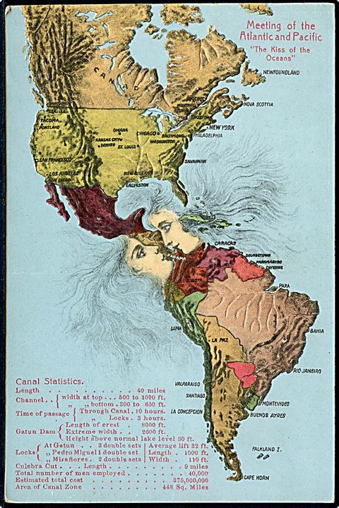Panama, Åbning af Panama-kanalen “the Kiss of the Oceans” med kort over Nord- og Sydamerika. No. 5881. Kvalitet 8