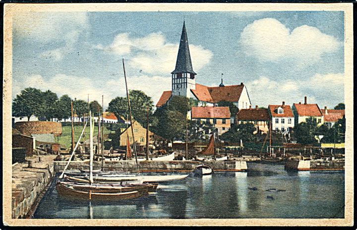 15 øre Chr. X på brevkort (Rønne kirke) annulleret med maskinstempel i København d. 13.8.1946 og sidestemplet med posthornstempel RØNNE N / RØNNE til Stockholm, Sverige.