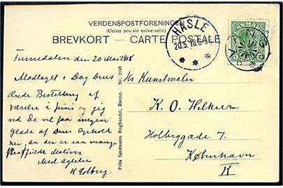 5 øre Chr. X (defekt) på brevkort (Hotel Finnedalen) annulleret med stjernestempel VANG og sidestemplet brotype IIb Hasle d. 20.5.1918 til København.