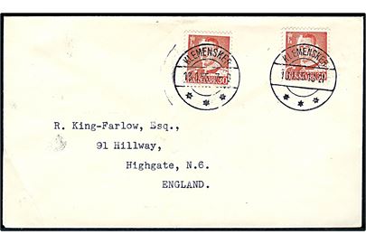 30 øre Fr. IX (2) på brev annulleret med brotype IIc Klemensker d. 13.1.1955 til Highgate, England.