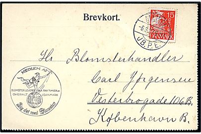 15 øre Karavel (defekt) på brevkort annulleret med brotype IIb Allinge JB.P.E. d. 6.3.1927 til København.